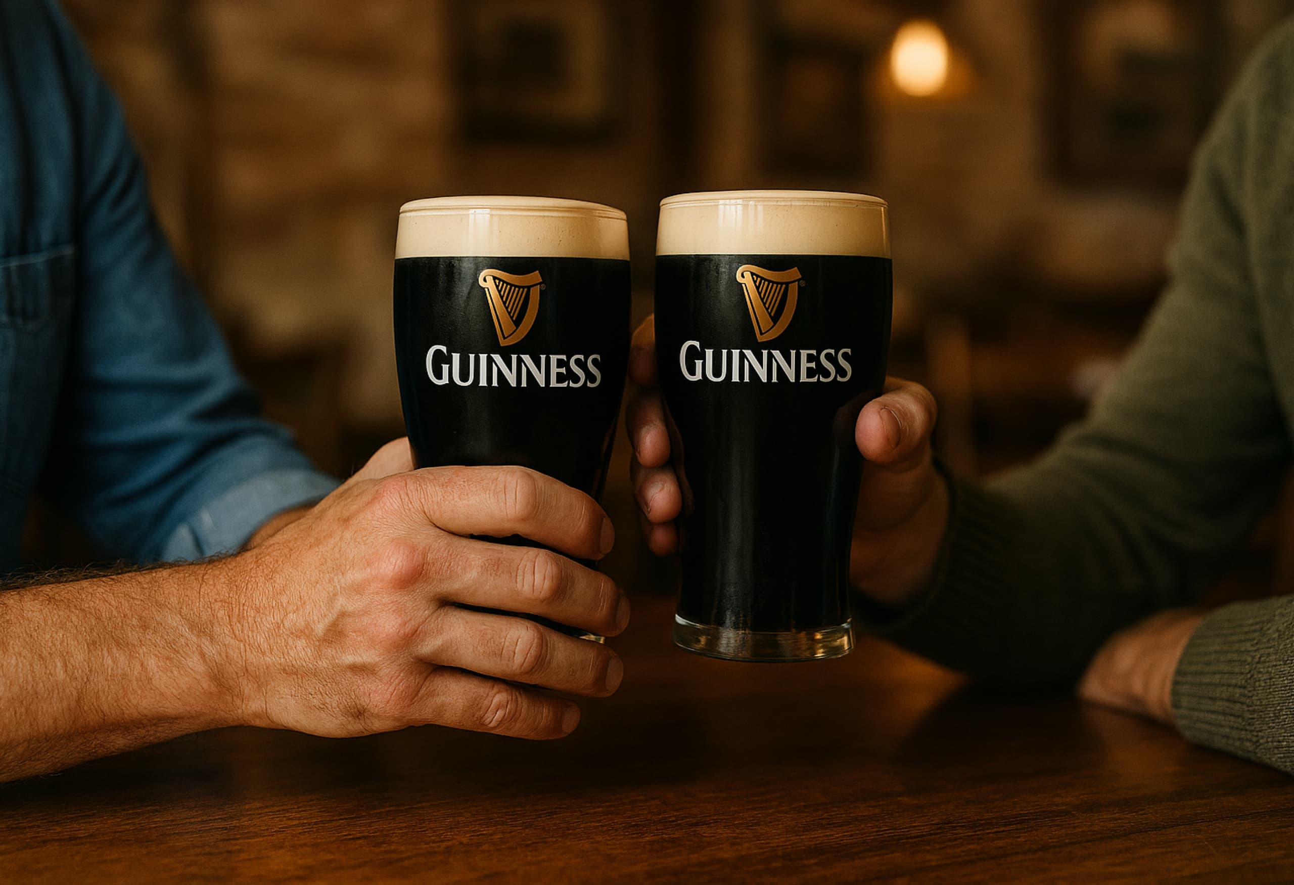 Two men clinking pints of Guinness