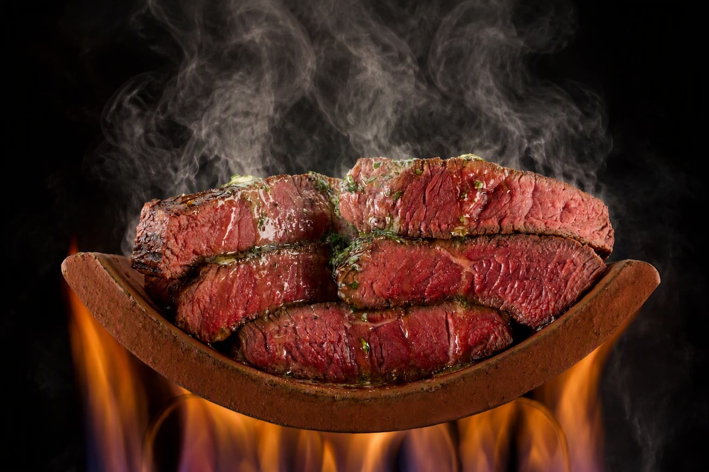 Slices of medium-rare steak served on a hot stone plate above open flames at Steak on Six, Celtic Manor Resort