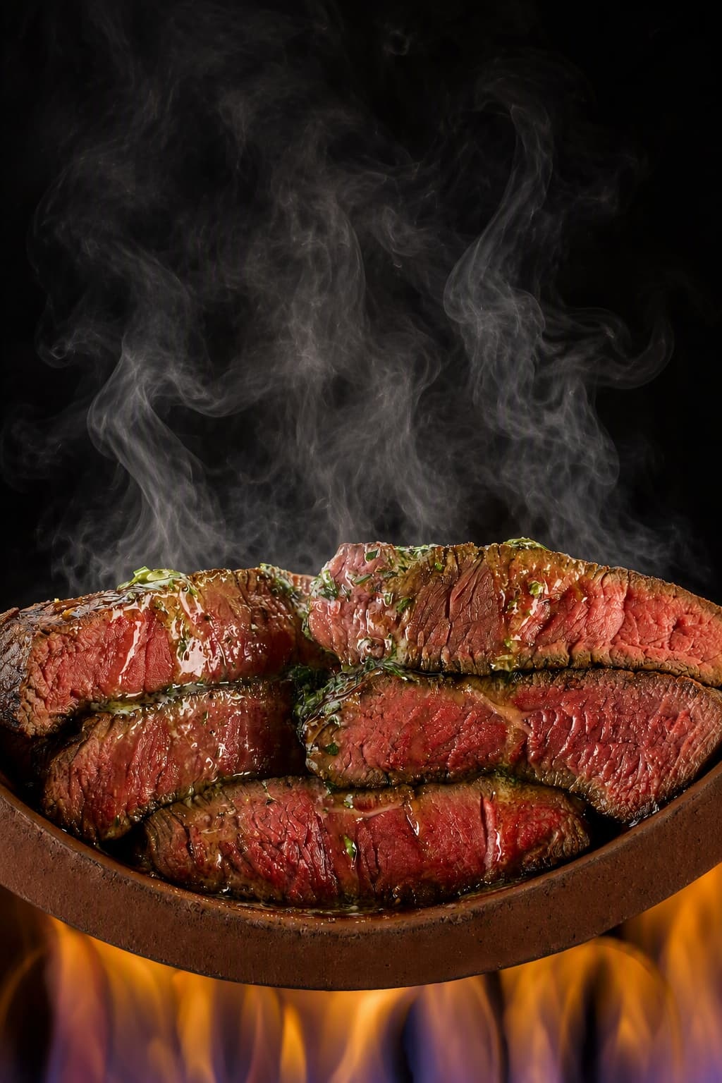 Slices of medium-rare steak served on a hot stone plate above open flames at Steak on Six restaurant in South Wales
