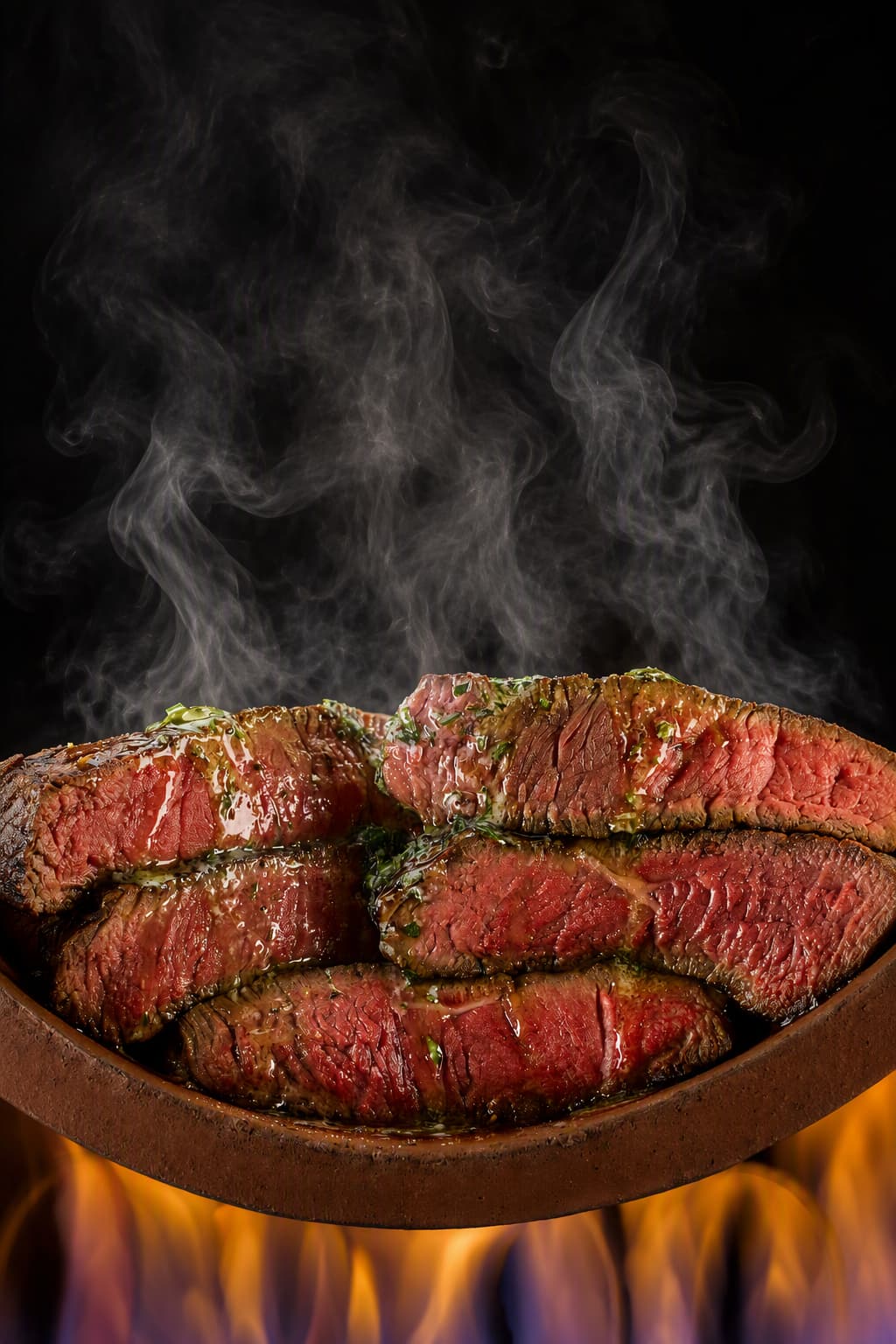 Slices of medium-rare steak served on a hot stone plate above open flames at Steak on Six restaurant in South Wales